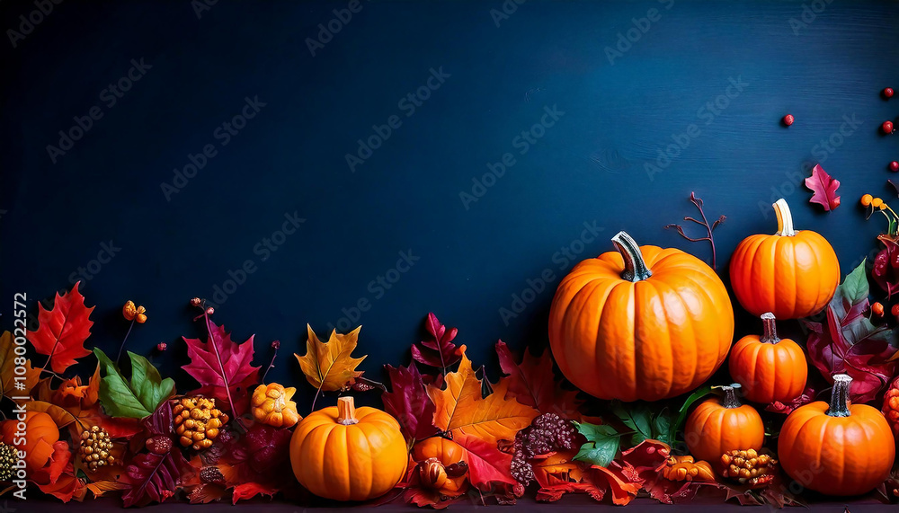 Autumn leaves, and pumpkins form a beautiful border on a dark blue surface. Thanksgiving day Autumn leaves, and pumpkins form a beautiful border on a dark blue surface. Thanksgiving day