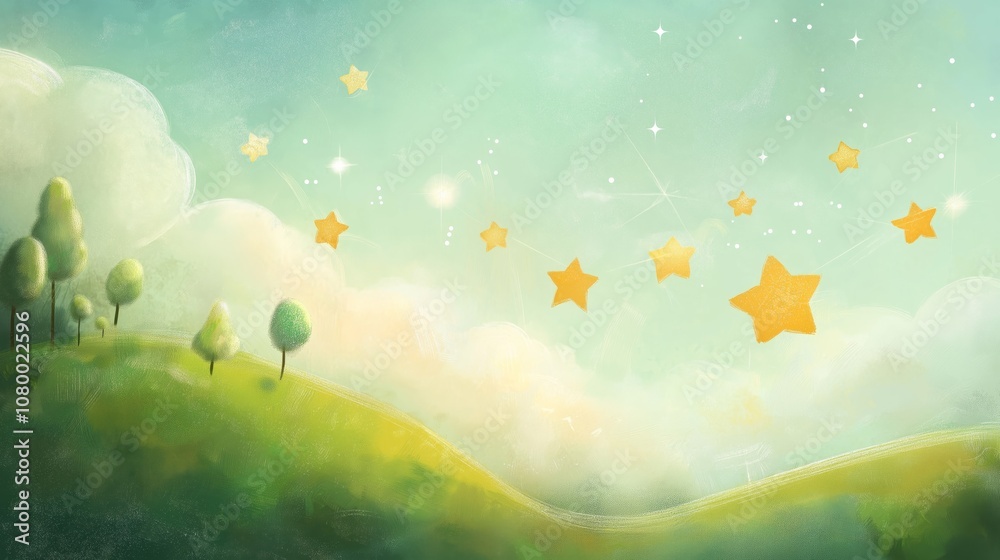cute cartoonish landscape of green grass hill with stars on sky in morning cute cartoonish landscape of green grass hill with stars on sky in morning