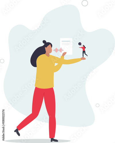 AI transcription software as speech into text transcript. Talking language conversion to written document.flat characters.