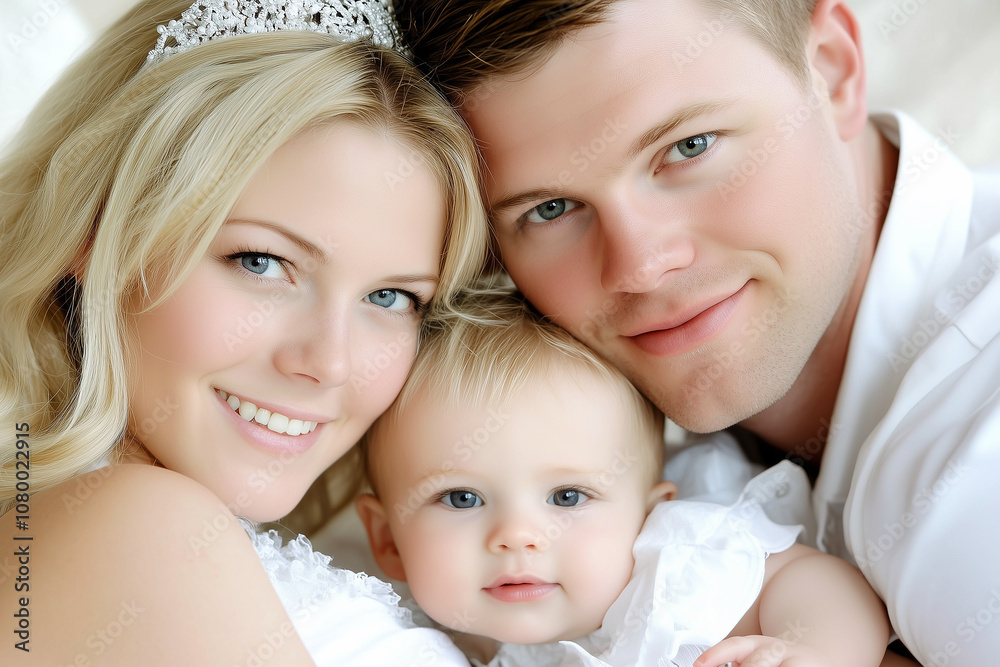 A happy family portrait featuring parents and their two young daughters smiling warmly while sitting together on a couch. A happy family portrait featuring parents and their two young daughters smiling warmly while sitting together on a couch.