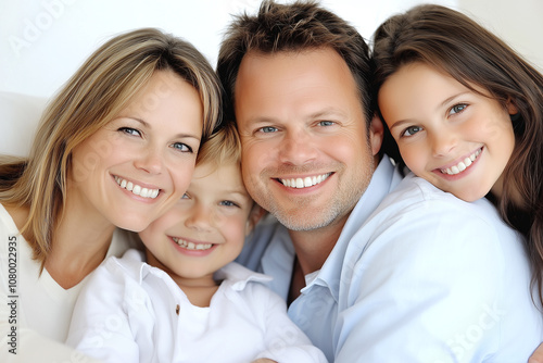 A happy family portrait featuring parents and their two young daughters smiling warmly while sitting together on a couch.