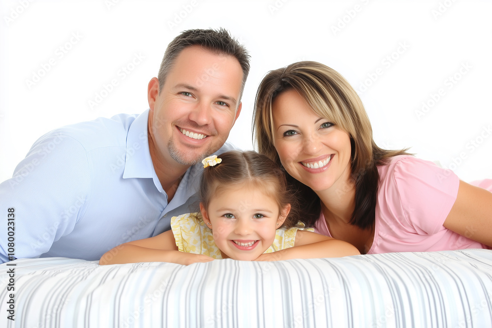 A happy family portrait featuring parents and their two young daughters smiling warmly while sitting together on a couch. A happy family portrait featuring parents and their two young daughters smiling warmly while sitting together on a couch.