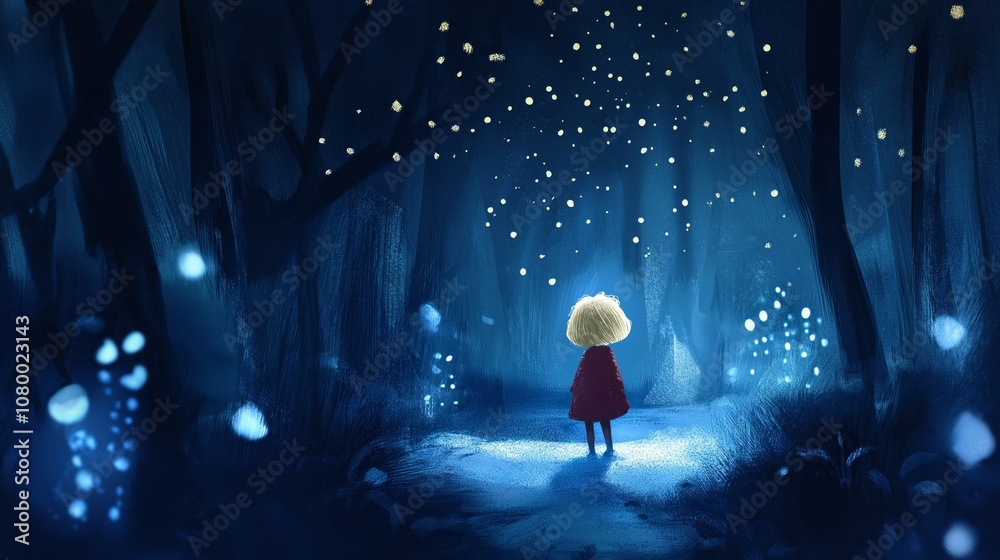 Fototapeta premium young tiny girl explore in forest full of glitter glow of firefly