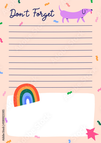 Notebook page design with funny colorful doodle elements. Comic-style notepad...