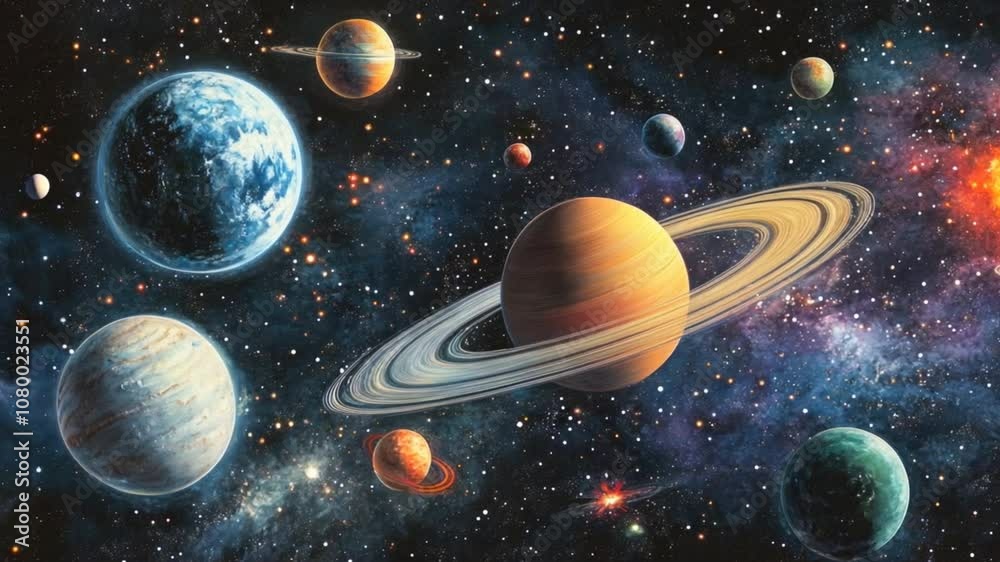 Solar system illustration within a galaxy, a surreal outer space scene with nebulae and glowing stars. Solar system illustration within a galaxy, a surreal outer space scene with nebulae and glowing stars.