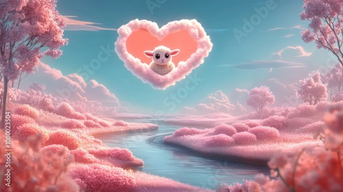 A fantastical scene with a heart-shaped cloud outlined in soft pink, floating in a serene sky. Within the heart cloud sits a tiny, fluffy lamb with big, curious eyes, adding a touch of magic.  photo