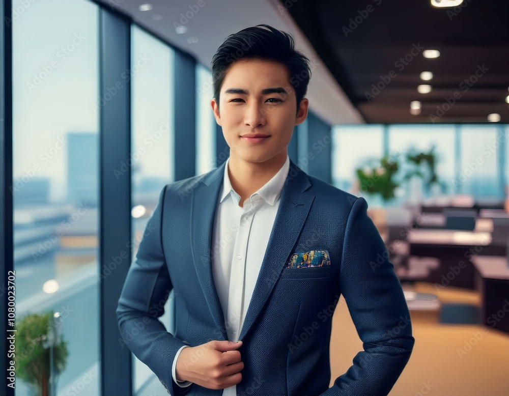 Handsome man adjusting his jacket while standing in modern office. Handsome man adjusting his jacket while standing in modern office.