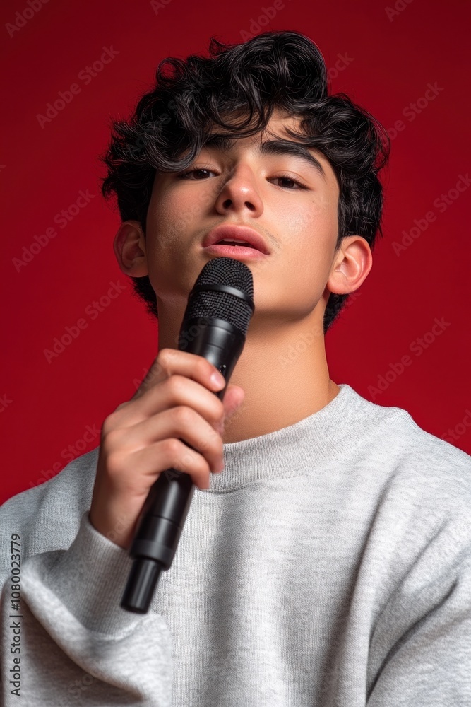 Young man holding microphone against red background Young man holding microphone against red background
