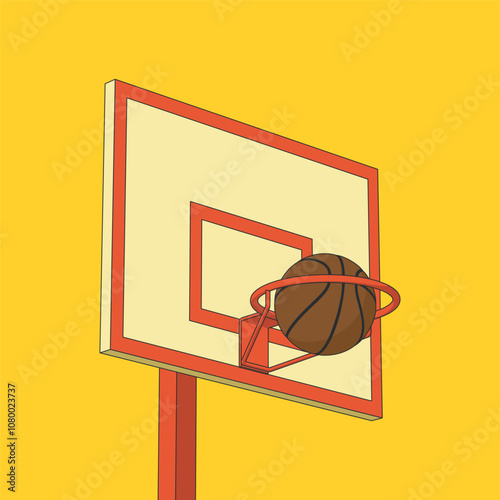 Color illustration of a shield with a ring and a basketball on a yellow background. Vector graphics. Stylized image on a sports theme is made for a logo, icon, poster, banner. Sports equipment.