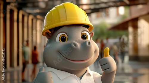 A 3D cartoon hippo wearing a yellow construction helmet gives a thumbs-up while smiling warmly. She dressed in a white shirt, standing confidently in a blurred urban background 