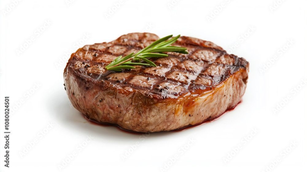 Grilled steak with rosemary garnish on a white background Grilled steak with rosemary garnish on a white background