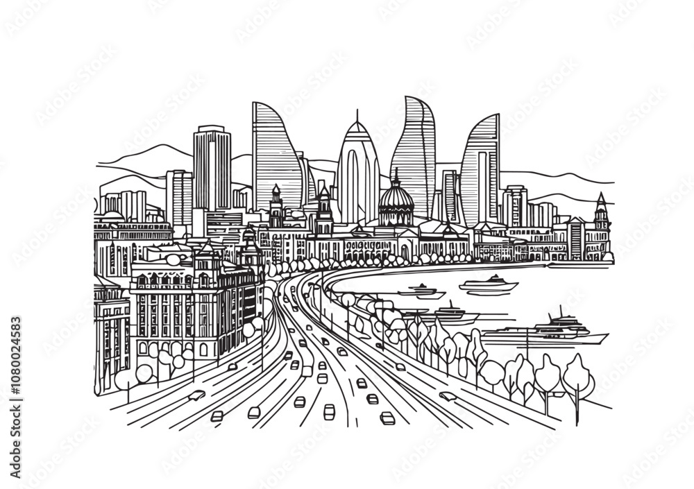 Naklejka premium Baku city, Azerbaijan skyline cityscape vector illustration