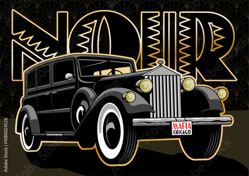 Retro Style Car from the 1930s - 1940s, Art Deco Background, Vector Template for Noir Style Posters, Covers, Illustrations Template 