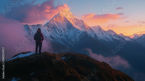 A lone hiker silhouetted against a majestic snow-capped mountain at sunset.