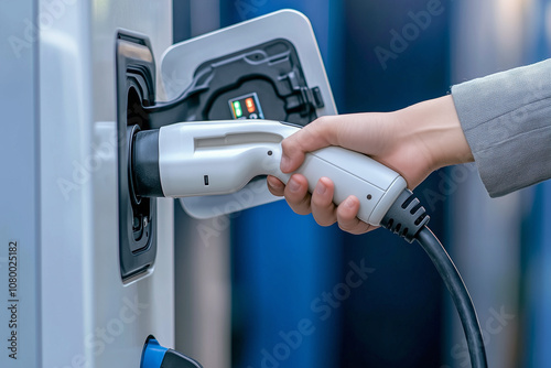 A close-up of a hand plugging an electric vehicle charging cable into a car at a charging station.