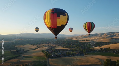 Brightly colored hot air balloons floating above a scenic countryside