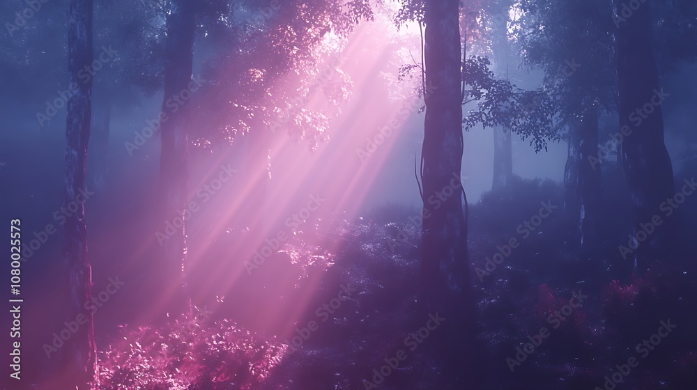 Enchanted forest with ethereal light beams shining through the trees at twilight Enchanted forest with ethereal light beams shining through the trees at twilight