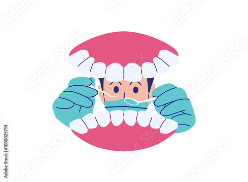 Dentist view through open mouth with dental tools