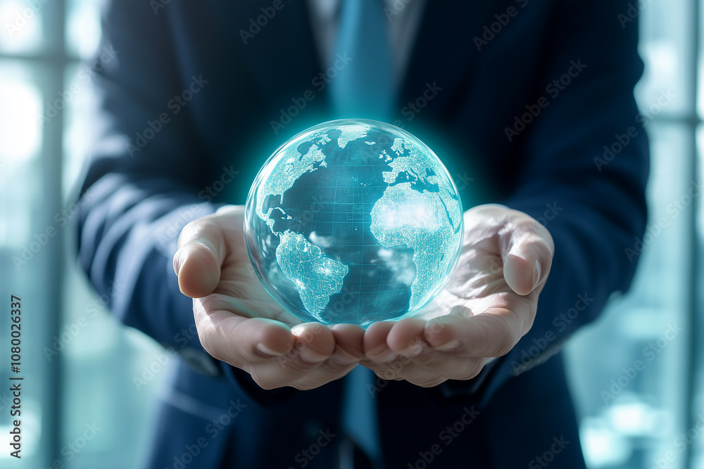 A businessman in a suit holds a glowing digital globe in his hands, symbolizing global business, connectivity, and technology. A businessman in a suit holds a glowing digital globe in his hands, symbolizing global business, connectivity, and technology.