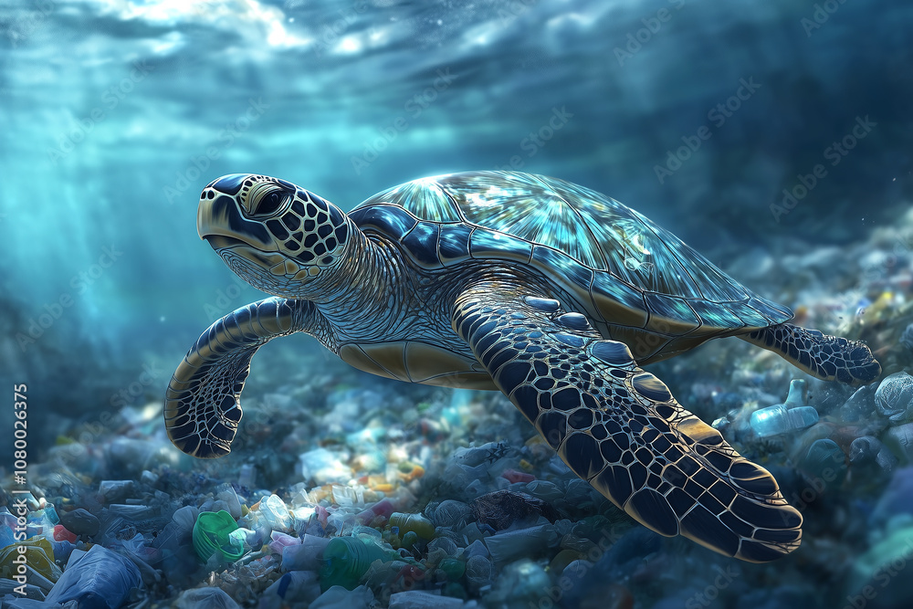 Fototapeta premium A sea turtle diving in the sea surrounded by plastic debris and garbage against shining through sunlight from above.