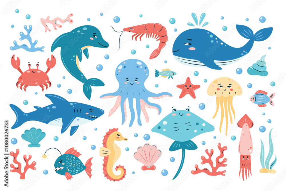 Large set of sea animals on white background. SeaLife collection. Characters in children's style. Isolated vector illustration. Large set of sea animals on white background. SeaLife collection. Characters in children's style. Isolated vector illustration.
