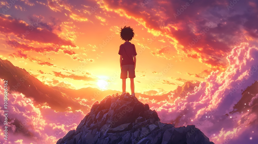Obraz premium Anime boy standing on a mountain peak with a glowing sunset in the background