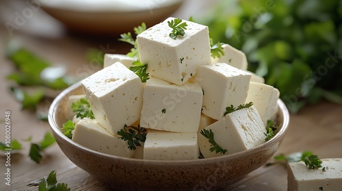 A plate of cheese cubes with parsley on top. The plate is on a wooden table. The cheese cubes are arranged in a pyramid shape