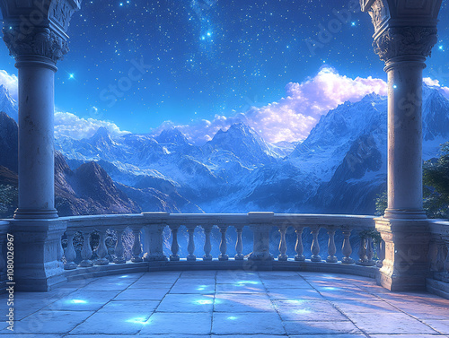 a majestic castle perched on a cliff with elegant fantasy balcony overlooking a breathtaking mountain landscape at night.
