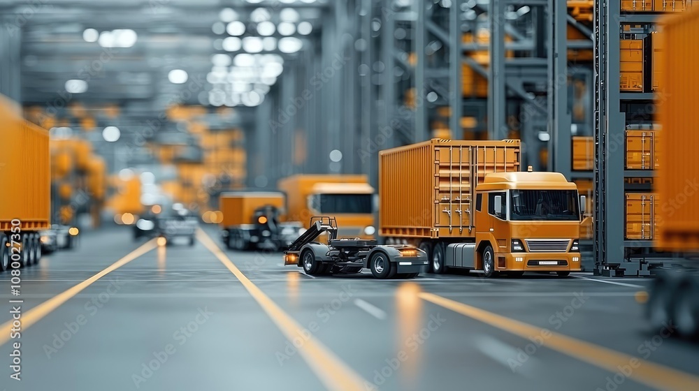 Miniature trucks in a warehouse setting with orange containers. Miniature trucks in a warehouse setting with orange containers.