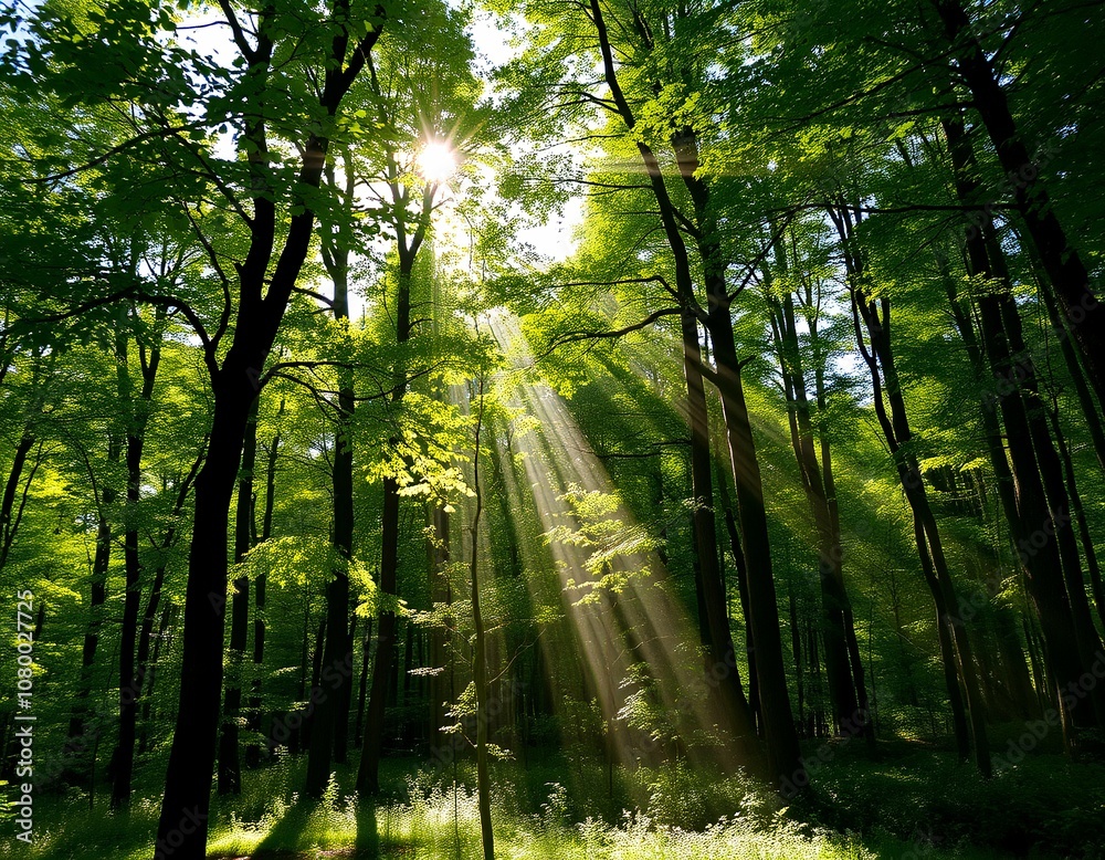 Naklejka premium Sunlight Streaming Through Lush Green Forest Trees in Serene Nature Scene, Photographic Landscape