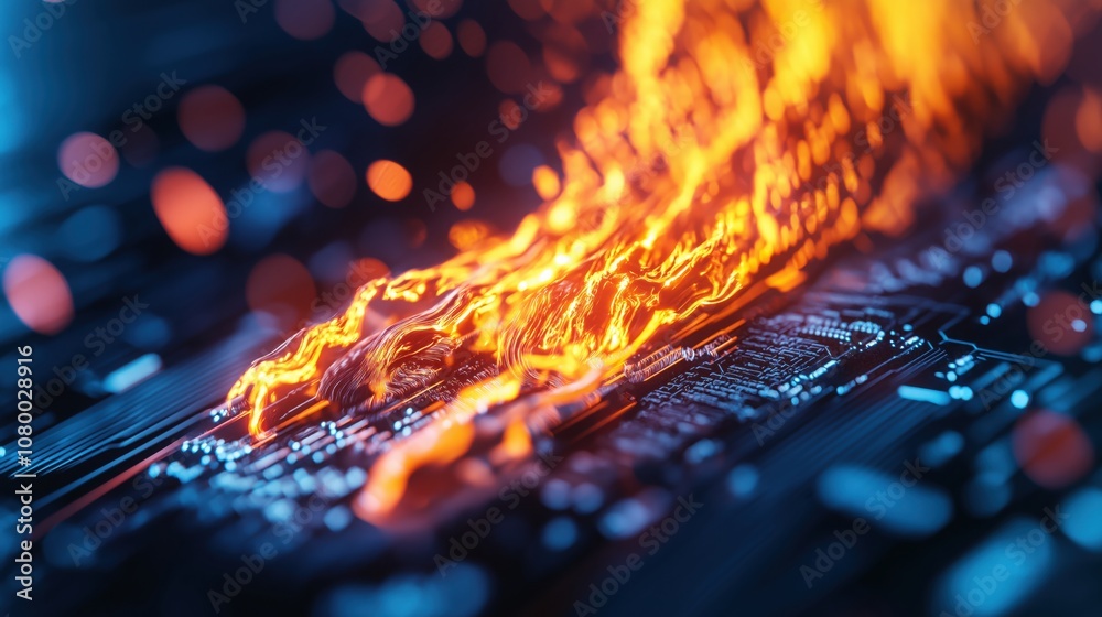 An abstract close-up of a circuit board with glowing, flowing lines of orange and yellow, resembling molten lava, set against a vibrant blue background. An abstract close-up of a circuit board with glowing, flowing lines of orange and yellow, resembling molten lava, set against a vibrant blue background.