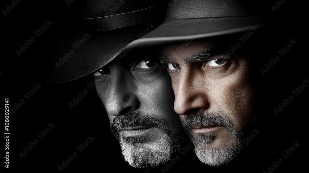 Two men with intense expressions wearing dark hats engage in a dramatic confrontation against a black background Two men with intense expressions wearing dark hats engage in a dramatic confrontation against a black background