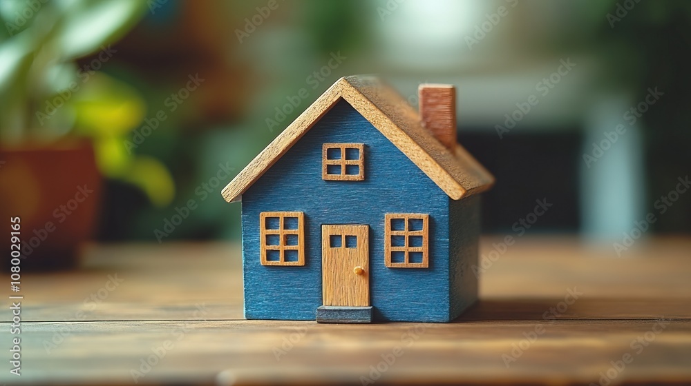 Blue Business Toy House on Wooden Tabletop Blue Business Toy House on Wooden Tabletop