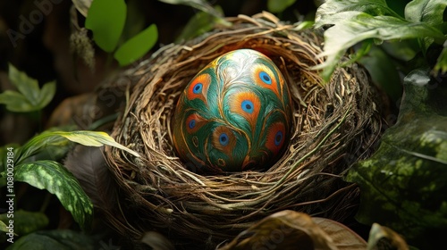 A close-up of a colorful, patterned peacock egg nestled among leaves and feathers in a carefully built ground nest photo