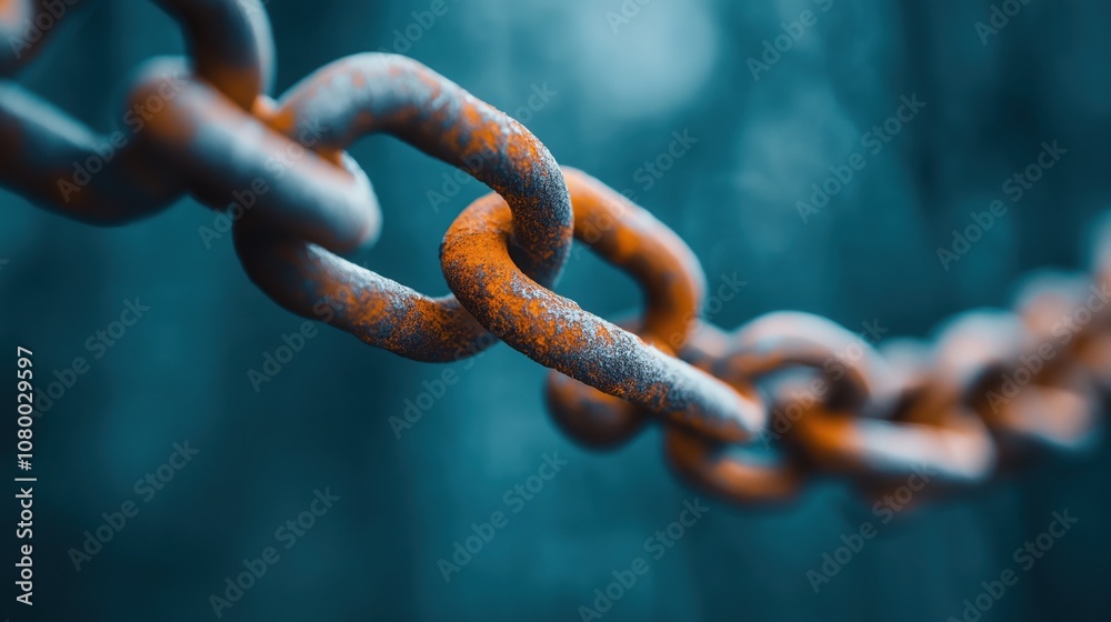A close-up view of an old, rusted chain, showcasing detailed texture, color variations, and a blurred background for an atmospheric effect.