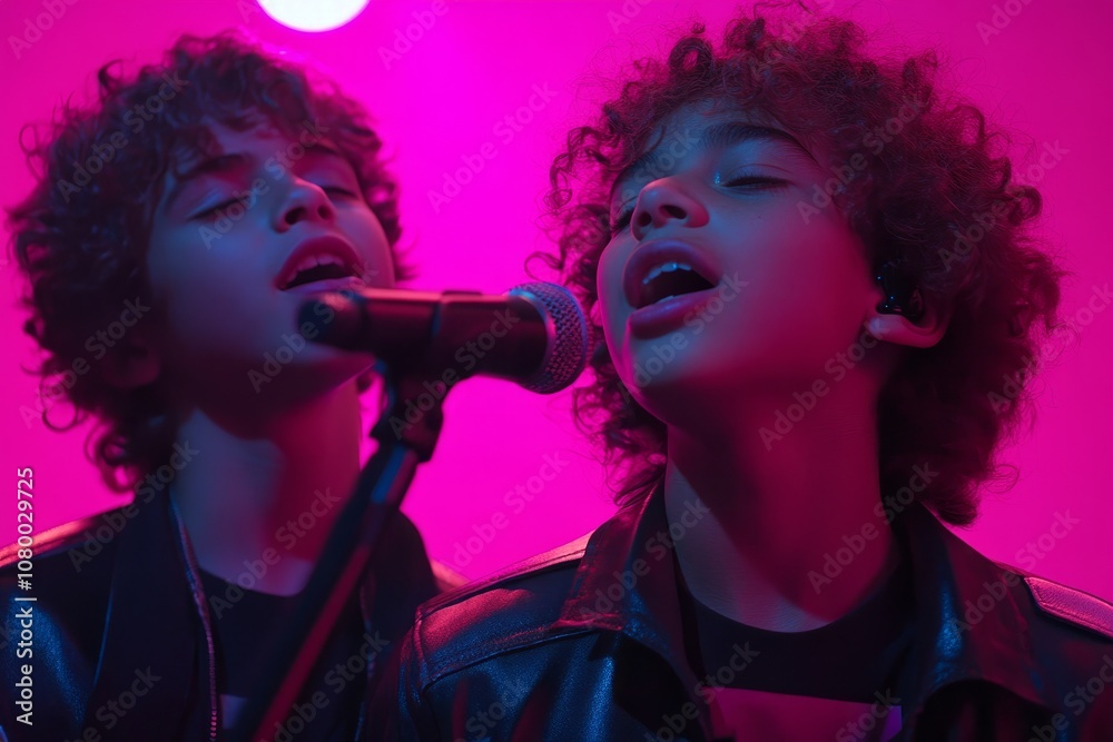 Two boys sharing a microphone and singing with colorful lighting Two boys sharing a microphone and singing with colorful lighting