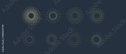 Fireworks. Vintage sunburst collection. Bursting golden sun rays. Vintage sunburst set. Bursting rays sunrise firework starburst blast, Radiant Spark. Logotype or lettering design element. Vector