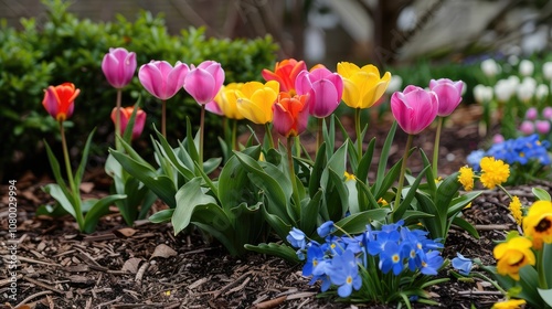 Vibrant Spring Tulips and Blossoms in Garden