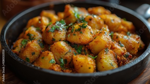 Delicious, spicy potato dish garnished with fresh herbs, perfect for food lovers and culinary enthusiasts. photo