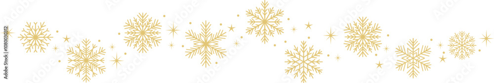 Delicate gold snowflake vector border, wave shape snowflakes with stars Christmas decoration template design Delicate gold snowflake vector border, wave shape snowflakes with stars Christmas decoration template design