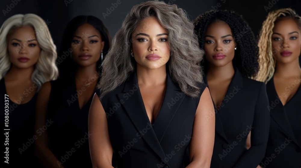 Obraz premium A group of five stylish women showcasing diverse hair styles in a formal setting under soft lighting