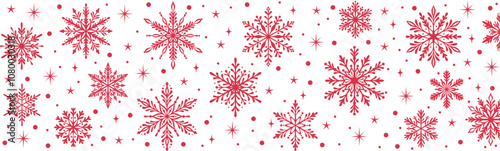 Red snow stripe banner, vector snowflake magical winter holiday border for greeting or invitation designs, isolated