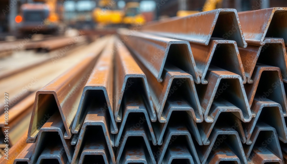 Obraz premium Neatly stacked metal I-beams at a construction yard with an industrial background.