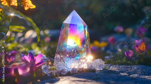 Crystal prism reflecting light rays for energy healing and meditation

 photo