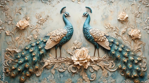 Two Peacocks in a Floral 3D Bas-Relief on a Distressed Wall