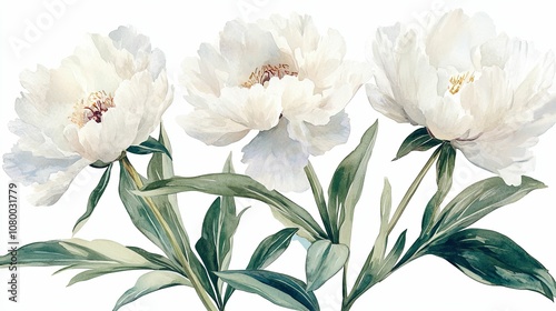 Watercolor Painting of Three White Peonies with Green Foliage