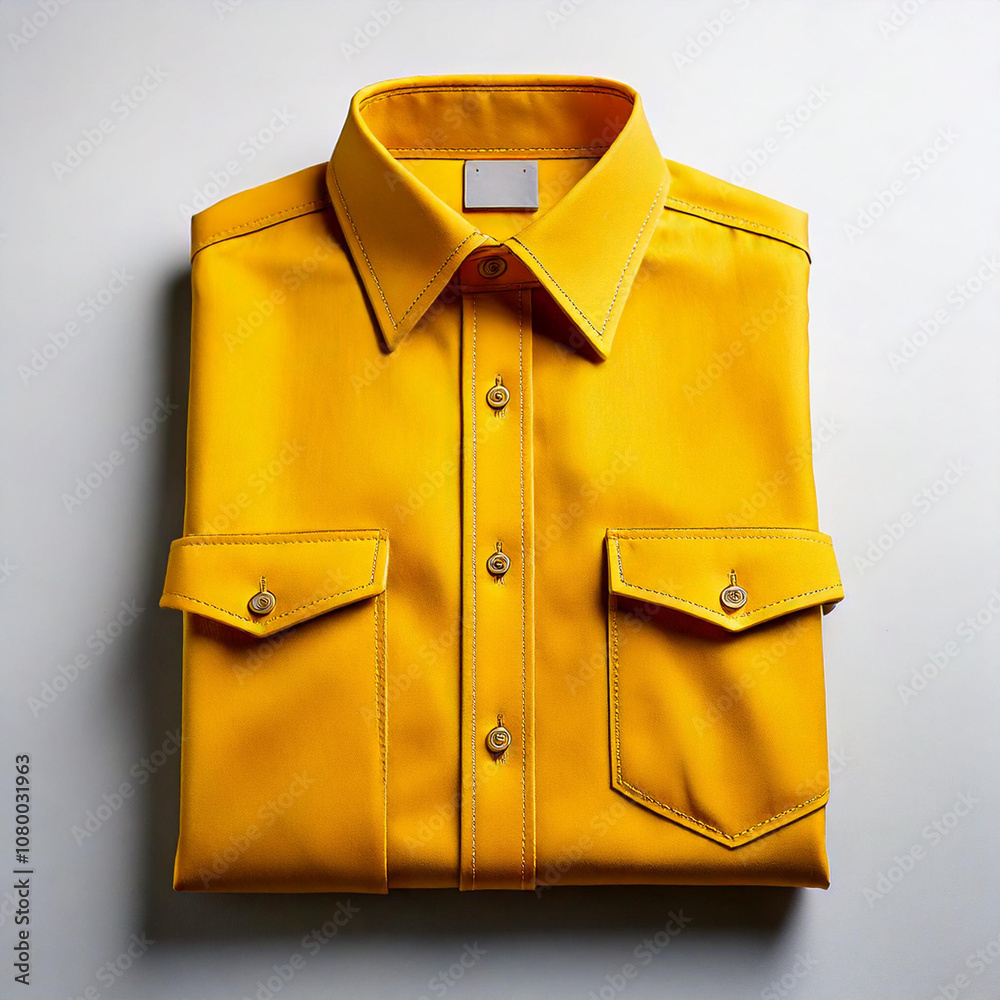 Realistic 3D folded yellow shirt with button details and pointed collar, clean, vibrant design, isolated on transparent background Realistic 3D folded yellow shirt with button details and pointed collar, clean, vibrant design, isolated on transparent background