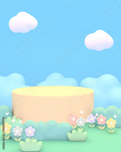 3D render cartoon empty podium in flower garden with butterflies flying around.