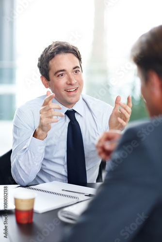 Businessmen, discussion and meeting with proposal for interview, business opportunity or idea at office. Happy man, employees or colleagues with explanation for career growth, development or advice photo