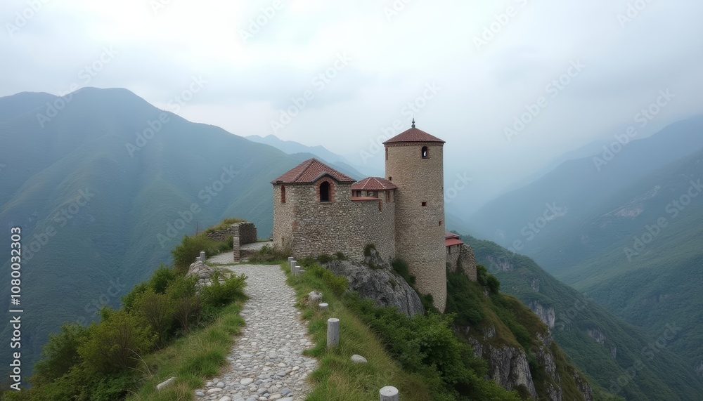 Enchanting stone castle perched atop a mountain overlooking a serene valley Enchanting stone castle perched atop a mountain overlooking a serene valley